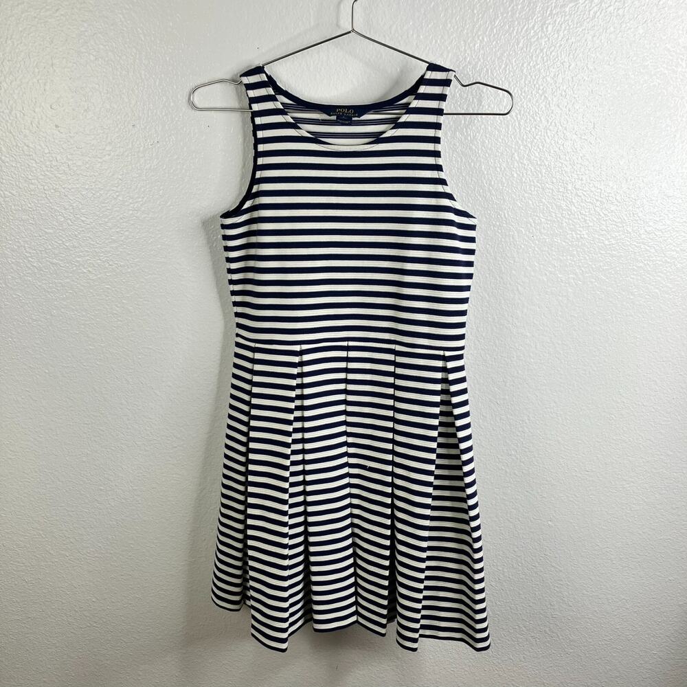 Polo Ralph Lauren Stripe Sleeveless Dress Girls L Navy Preppy Nautical Fit Flair